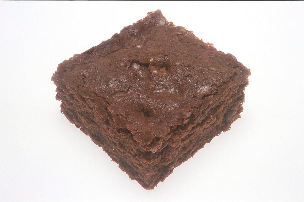Square chocolate brownie on a plate, reference image for fudgy cocoa brownies