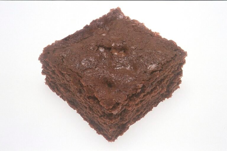 Square chocolate brownie on a plate, reference image for fudgy cocoa brownies