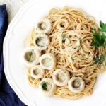 Creamy mushroom pasta in serving bowl