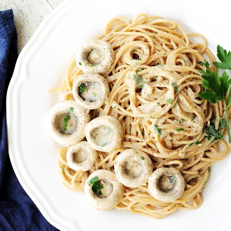 Creamy mushroom pasta in serving bowl